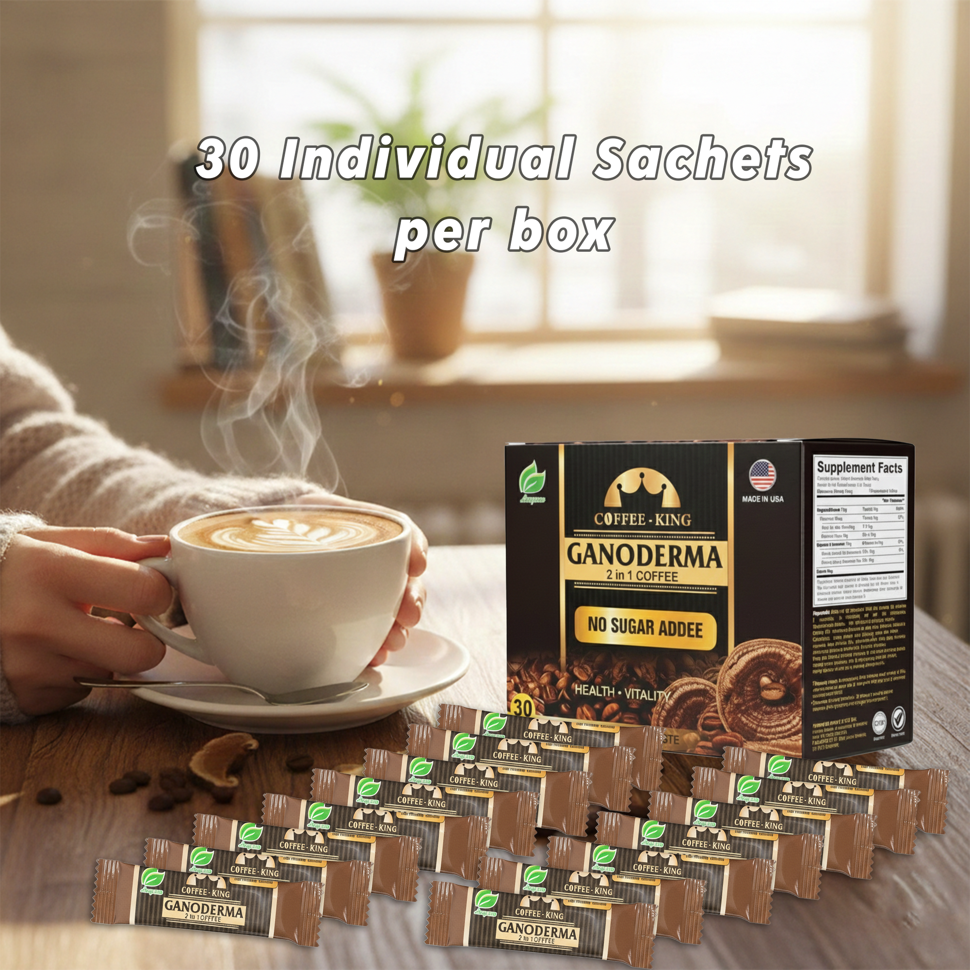 Ganoderma Reishi Instant Mushroom Coffee – No Sugar, 30 Sachets